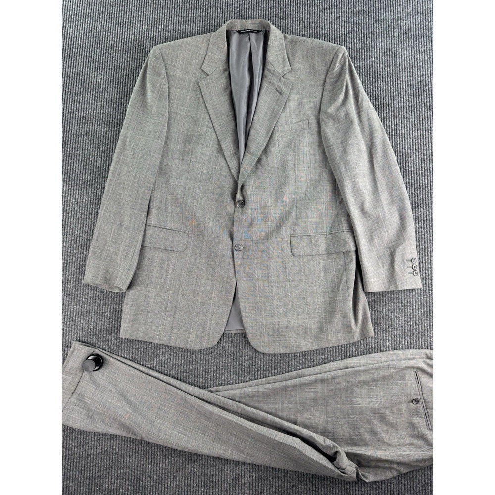 Vintage Coppley Suit 44R Gray Wool Plaid Designer Union Made Pleated Pants 38x29